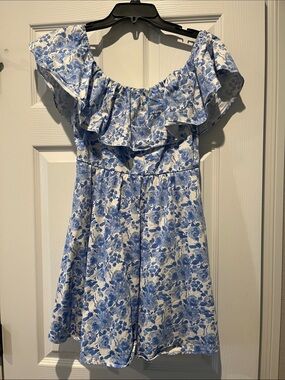 Altar'd State Blue and White Floral Ruffle Dress